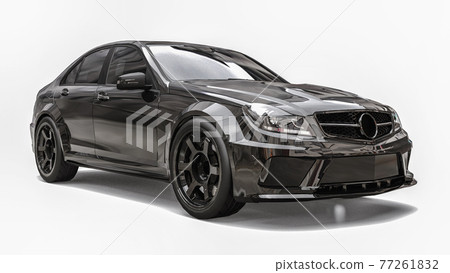 Super fast sports car black color on a white background. Body shape sedan. Tuning is a version of an ordinary family car. 3d rendering. 77261832
