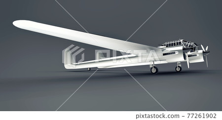 Three-dimensional model of the bomber aircraft of the second world war. Shiny aluminum body with two tails and wide wings. Turboprop engine. Shiny airplane on a gray background. 3d illustration. 77261902