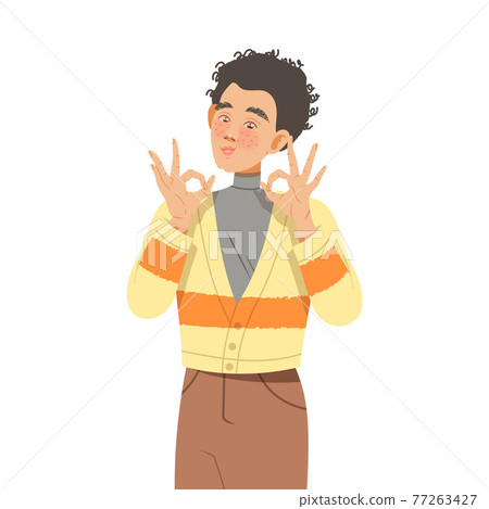 Freckled Man Showing OK Gesture with His Hands Feeling Happiness and Excitement Vector Illustration 77263427