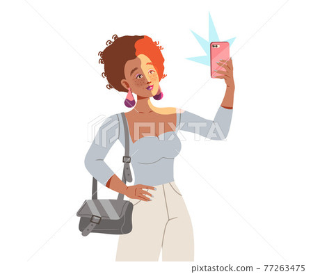 Attractive Female with Freckles and Curly Hair Holding Smartphone Taking Selfie Smiling for Camera Vector Illustration 77263475