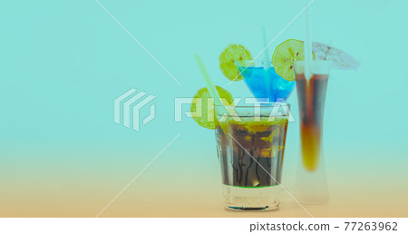 Three different colorful cocktails with lemon and ice cubes, refreshing alcoholic drinks 77263962