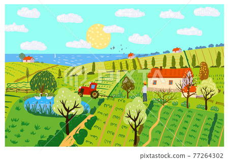 Spring rural landscape farm house, green fields, hills, blooming trees. Countryside panoramic nature, barn, tractor, farmer. flowers. Vector doodle illustration poster banner Spring rural landscape farm house, green fields, hills, blooming trees. Countryside panoramic nature, barn, tractor, farmer. flowers. Vector doodle illustration poster banner 77264302