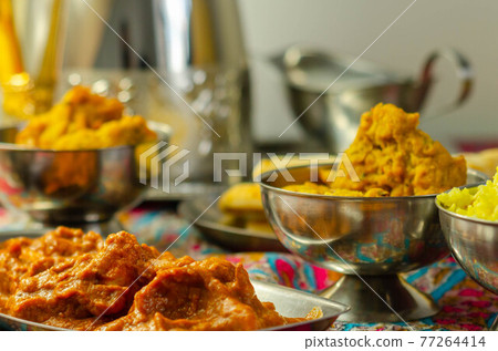 Chicken Madras and Chicken Tikka Masala with Pilau Rice, Naan Breads and, Onion Bhajis 77264414