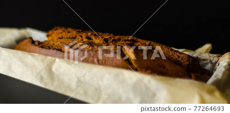 Freshly baked banana cake with nuts, banana bread in baking form 77264693