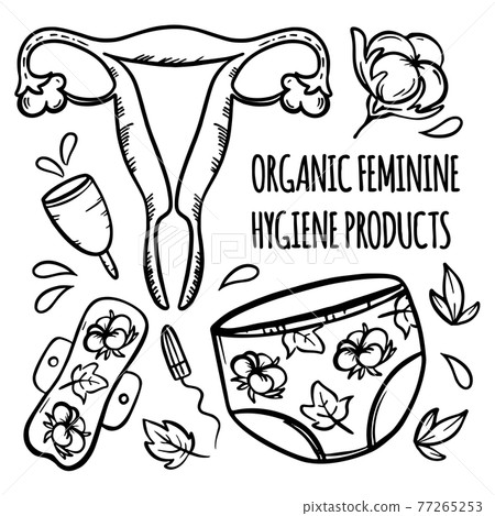 ORGANIC FEMININE HYGIENE Monochrome Gynecological Healthcare Woman Hand Drawn Cartoon Clip Art Vector Illustration Set For Print  77265253