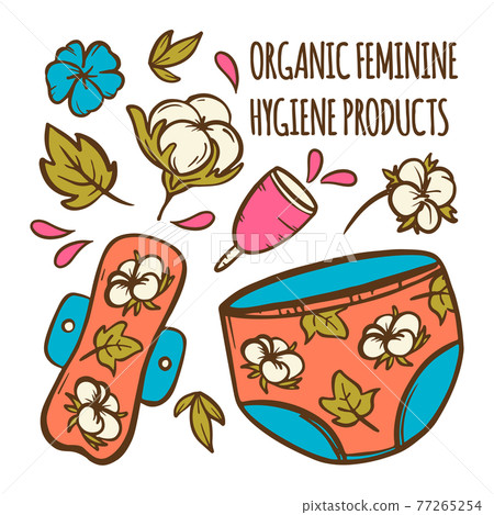 ORGANIC FEMININE Gynecological Healthcare Zero Waste Women Hygiene Cartoon Hand Drawn Clip Art Vector Illustration Set For Print 77265254