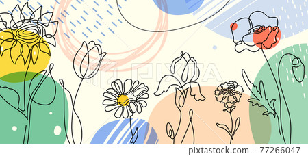 Flower vector banner background with one line floral plants, abstract geometric shapes and colors in trendy simple modern style. Creative spring summer pattern 77266047
