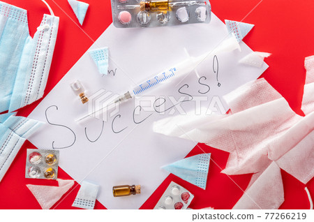 Successful treatment. Medicines and medicines on the table. Successful victory over the disease. Successful treatment. Medicines and medicines on the table. Successful victory over the disease. 77266219