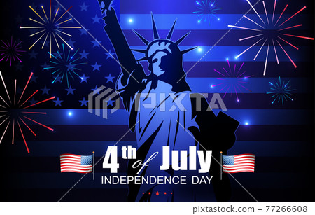 Illustration with a gradient of blue color, silhouette of a monument, bright fireworks 77266608