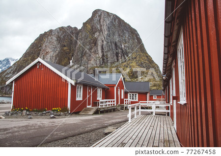 Norway rorbu houses and mountains rocks over fjord landscape scandinavian travel view Lofoten islands Norway rorbu houses and mountains rocks over fjord landscape scandinavian travel view Lofoten islands 77267458