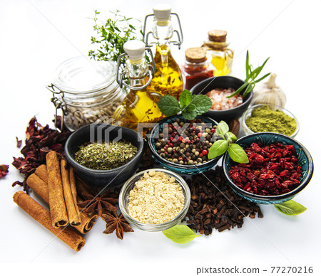 Various spices isolated on white background, top view Various spices isolated on white background, top view 77270216