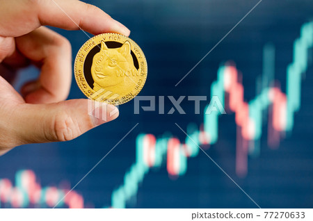 Hand holding gold Dogecoin with blurred candlestick chart 77270633