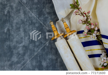 Jewish Orthodox holidays, during prayer items prayer shawl tallit with torah scroll 77271600