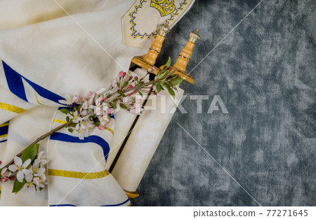 Prayer book with torah scroll and prayer shawl tallit jewish religious symbols Prayer book with torah scroll and prayer shawl tallit jewish religious symbols 77271645
