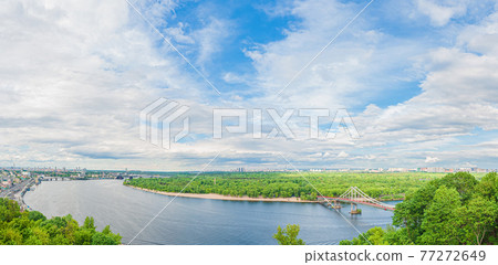 Panoramic view landscape on the Dnieper river, Trukhaniv island and park pedestrian bridge in Kiev, Ukraine 77272649