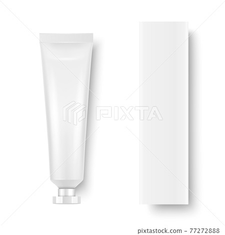 Vector 3d Realistic Plastic, Metal White Tooth Paste, Cream Tube, Carton Packing Isolated on White Background. Design Template of Toothpaste, Cosmetics, Cream, Tooth Paste for Mockup. Top View 77272888