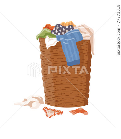 Dirty clothes. Laundry basket filled with smelly clothes. Laundry mud stains on garments. Symbol of unclean mess set. Apparel with stains 77273319