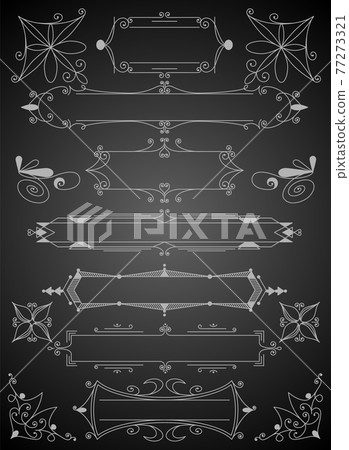 Flourish calligraphic design elements set. Page decoration symbols to embellish your layout. Linear collection of vintage swirls 77273321