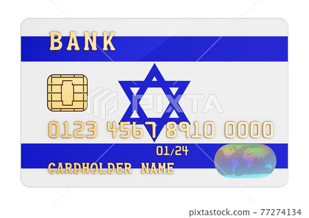 Bank credit card featuring Israeli flag. National banking system in Israel concept. 3D rendering Bank credit card featuring Israeli flag. National banking system in Israel concept. 3D rendering 77274134