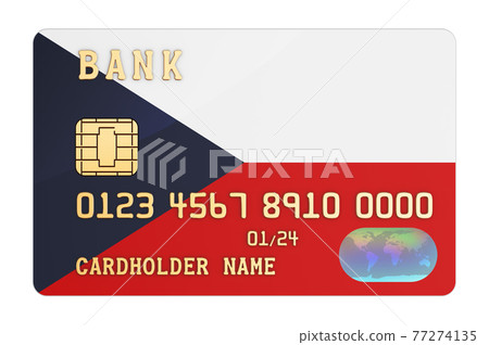 Bank credit card featuring Czech flag. National banking system in Czech Republic concept. 3D rendering Bank credit card featuring Czech flag. National banking system in Czech Republic concept. 3D rendering 77274135