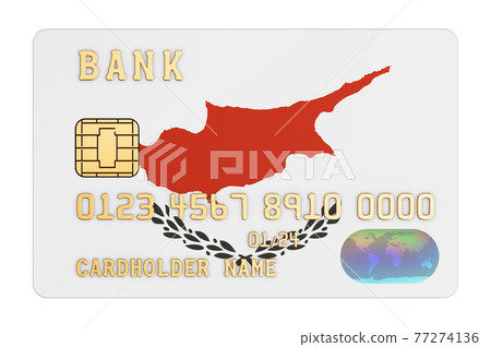Bank credit card featuring Cypriot flag. National banking system in Cyprus concept. 3D rendering Bank credit card featuring Cypriot flag. National banking system in Cyprus concept. 3D rendering 77274136