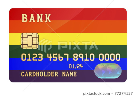 Plastic bank credit card featuring LGBT rainbow flag, 3D rendering Plastic bank credit card featuring LGBT rainbow flag, 3D rendering 77274137
