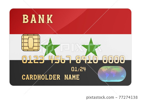 Bank credit card featuring Syrian flag. National banking system in Syria concept. 3D rendering Bank credit card featuring Syrian flag. National banking system in Syria concept. 3D rendering 77274138
