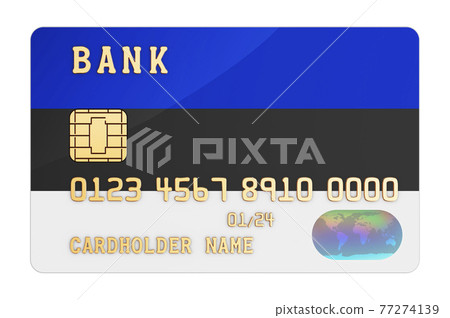 Bank credit card featuring Estonian flag. National banking system in Estonia concept. 3D rendering Bank credit card featuring Estonian flag. National banking system in Estonia concept. 3D rendering 77274139