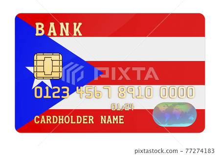 Bank credit card featuring Puerto Rican flag. National banking system in Puerto Rico concept. 3D rendering 77274183