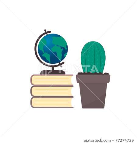 Globe on a stack of books and cactus. Flat... - Stock Illustration ...