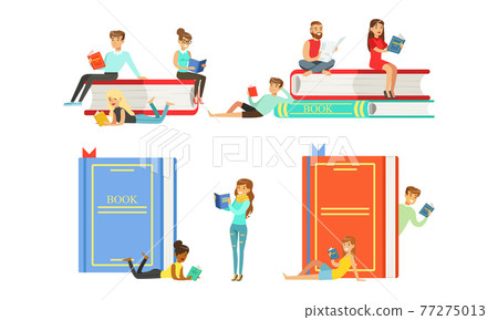 People Reading Books Set, Tiny Students Sitting on Stack of Textbooks Studying or Preparing for Exams, Book Lover, Literature Fan Cartoon Vector Illustration People Reading Books Set, Tiny Students Sitting on Stack of Textbooks Studying or Preparing for Exams, Book Lover, Literature Fan Cartoon Vector Illustration 77275013