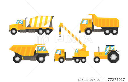 Construction and Industrial Vehicles Set, Cement Truck, Tractor, Dump Truck, Crane Cartoon Vector Illustration 77275017
