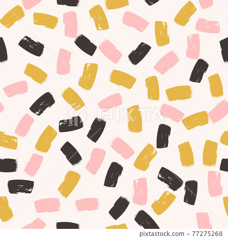 Hand painted brush strokes seamless pattern. Abstract vector background in pink, gold and dark gray colors. Grunge textured backdrop. Easy to edit template for textile, fabric, wrapping paper, etc. 77275268