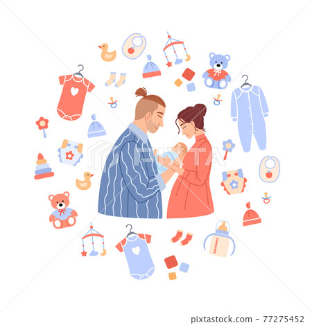 Happy family portrait on baby background. Flat couple holding newborn boy or girl in cartoon circle frame with cute children toys. Baby shower card decoration, invitation template vector illustration. Happy family portrait on baby background. Flat couple holding newborn boy or girl in cartoon circle frame with cute children toys. Baby shower card decoration, invitation template vector illustration. 77275452