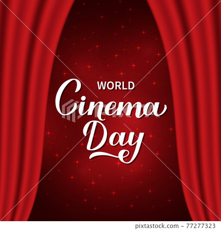 World Cinema Day calligraphy hand lettering. Scene with red velvet curtain. Vector template for logo design, banner, typography poster, greeting card, flyer, etc World Cinema Day calligraphy hand lettering. Scene with red velvet curtain. Vector template for logo design, banner, typography poster, greeting card, flyer, etc 77277323