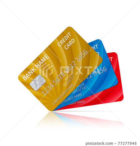 Three realistic glossy credit cards with reflection isolated on white. Detailed plastic card with silver embossed symbols. Money, e-commerce and payments around the world concept. Vector illustration. Three realistic glossy credit cards with reflection isolated on white. Detailed plastic card with silver embossed symbols. Money, e-commerce and payments around the world concept. Vector illustration. 77277848