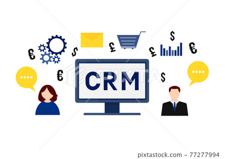 CRM lettering on the computer screen. Customer relationship management vector illustration. Software for working with clients. Modern technologies of business automation. 77277994