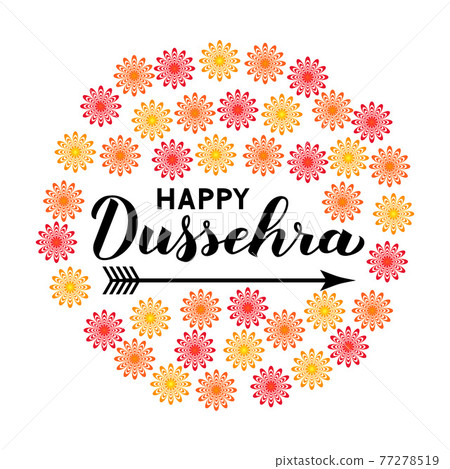 Happy Dussehra hand lettering with arrow. Traditional Indian holiday vector illustration. Easy to edit template for greeting card, typography poster, banner, flyer, invitation, etc. 77278519