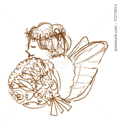 Hand-painted _ fashionable line art _ gentle smiling angel with a bouquet 77278913