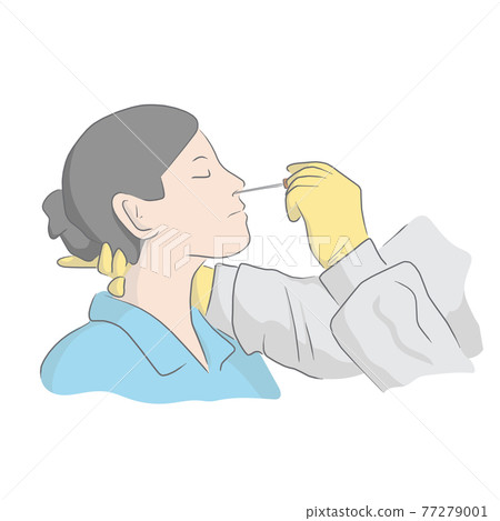 close-up doctor with ppe suit doing Covid-19 or Coronavirus test to a young woman with nasal swab probe hand drawn illustration vector. close-up doctor with ppe suit doing Covid-19 or Coronavirus test to a young woman with nasal swab probe hand drawn illustration vector. 77279001