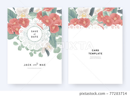 Floral wedding invitation card template design,  red Euphorbia milii, orchid flowers and leaves 77283714