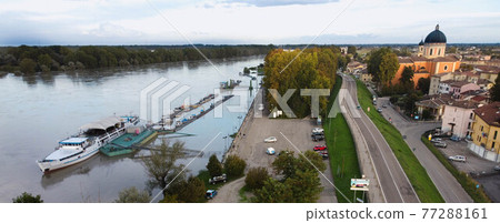 Aerial view of river flood in Boretto, Emilia Romagna. Italy 77288161