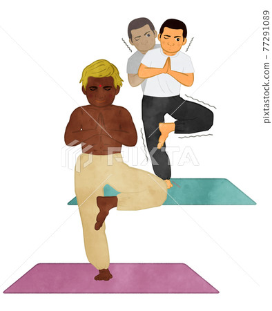 一個正在被印度瑜伽老師教準備樹式姿勢的亞洲男人似乎飄飄然，認為這很難 77291089