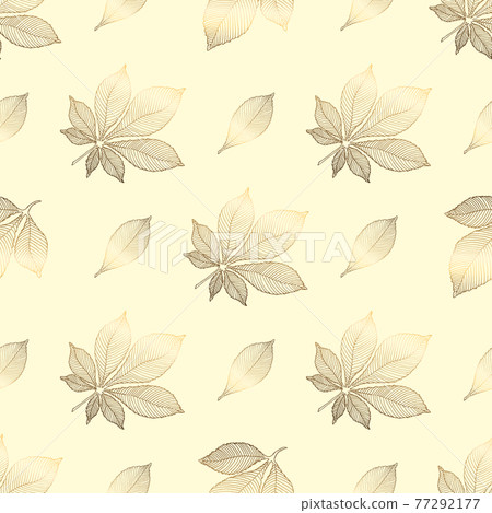Gold flowers pattern. Seamless pattern with golden chestnut leaves on a beige background. Vector graphics. 77292177