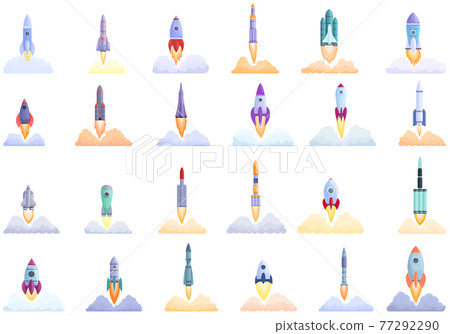 Spacecraft launch icons set, cartoon style Spacecraft launch icons set, cartoon style 77292290