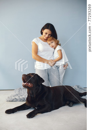 Mother and little daughter playing with dog at home Mother and little daughter playing with dog at home 77293269