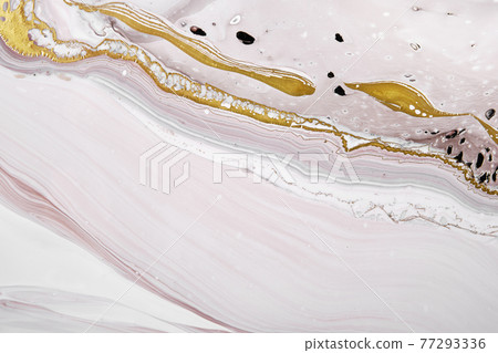 Acrylic Fluid Art. Gray and beige waves with liquid golden curve. Abstract marble stone background or texture, fake kintsugi technique 77293336