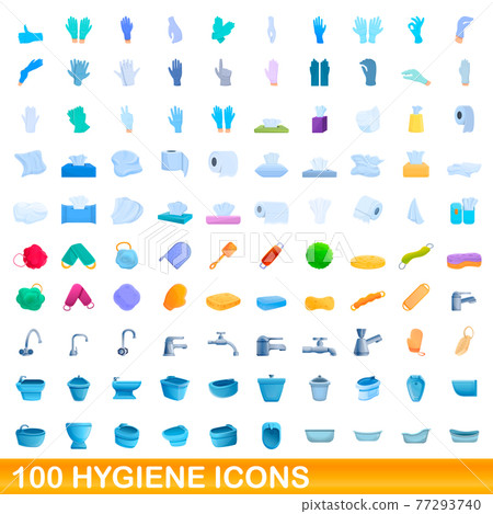 100 hygiene icons set, cartoon style 77293740