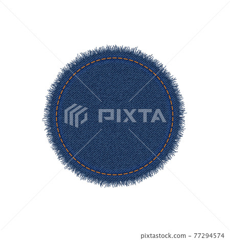 Denim circle shape with stitches. Torn jean patch with seam. Vector realistic illustration on white background 77294574