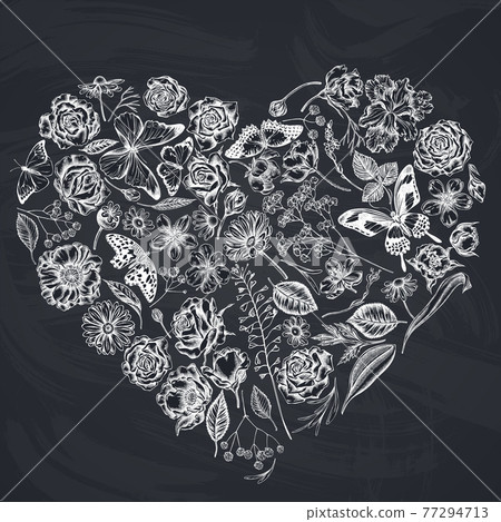 Heart floral design with chalk shepherd s purse, heather, iris japonica, sakura, gypsophila Heart floral design with chalk shepherd s purse, heather, iris japonica, sakura, gypsophila 77294713